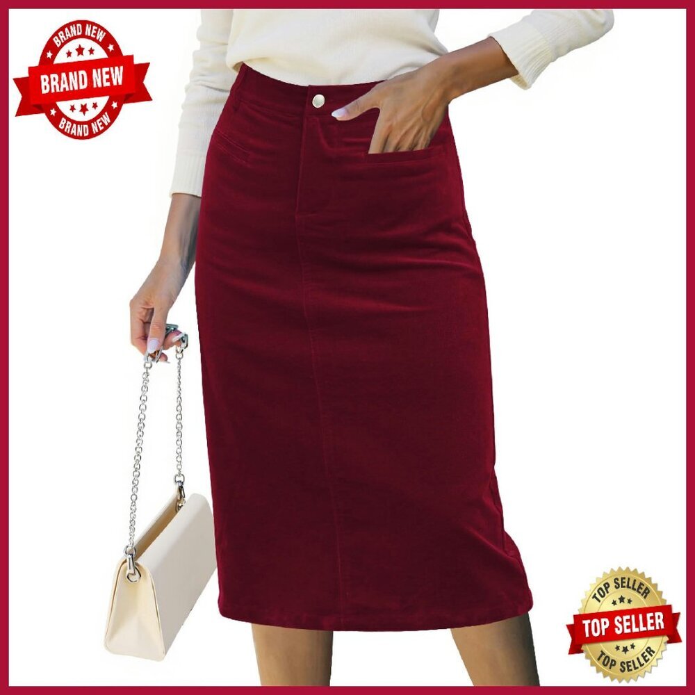 Corduroy Midi Skirt High Waist Elastic Stretch Pockets Work Casual